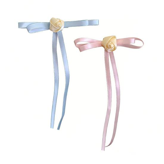 2Pcs Hairpin Satin Ribbon Bowknot Rose Flower Decor Hair Clip Firm Grip Low Ponytail Hairpin Daily Commuting Hair Accessory