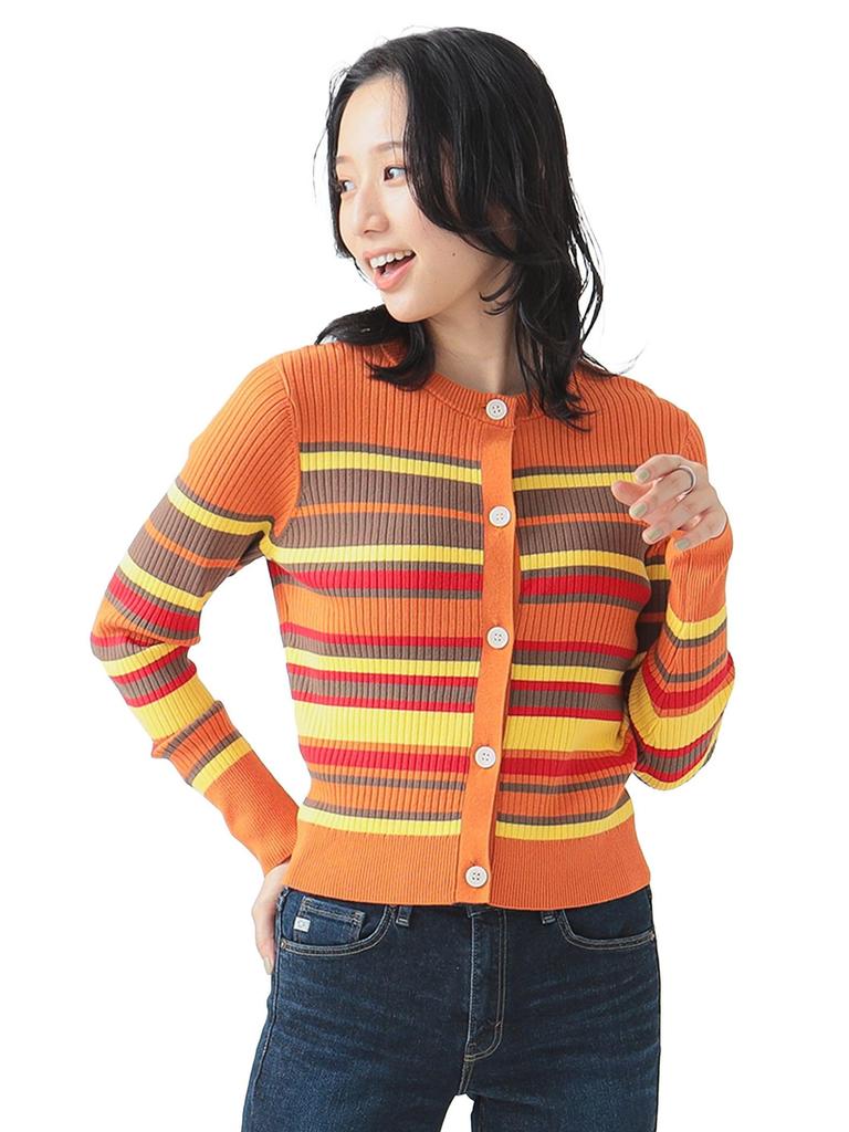 B:MING LIFE STORE by BEAMS Women's Large/Small Knit Multi-Border Cardigan, Orange, One Size