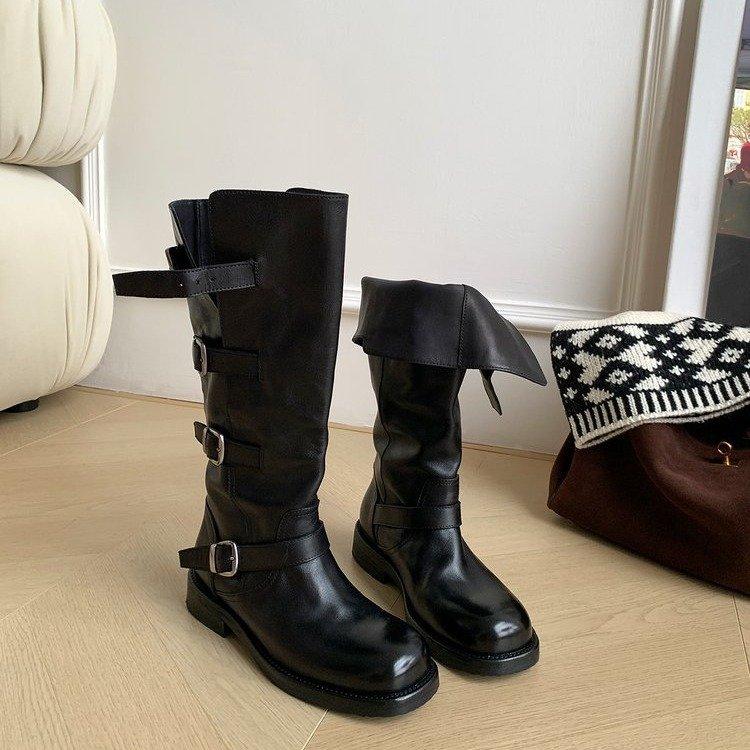 Korean version of fashion boots women's versatile Martin boots long tube 2025 autumn new buckle casual high boots children