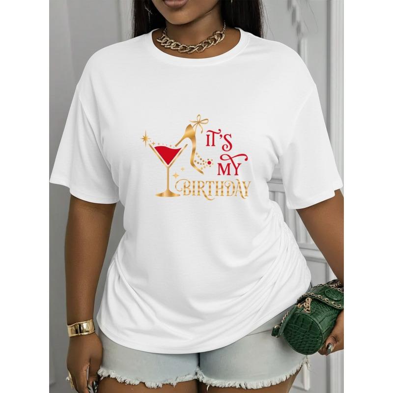

European Size Women s This Is My Birthday Printed T-Shirt - Short-Sleeve Loose-Fit Crew Neck Top with Birthday Design, Casual Attire 4XL
