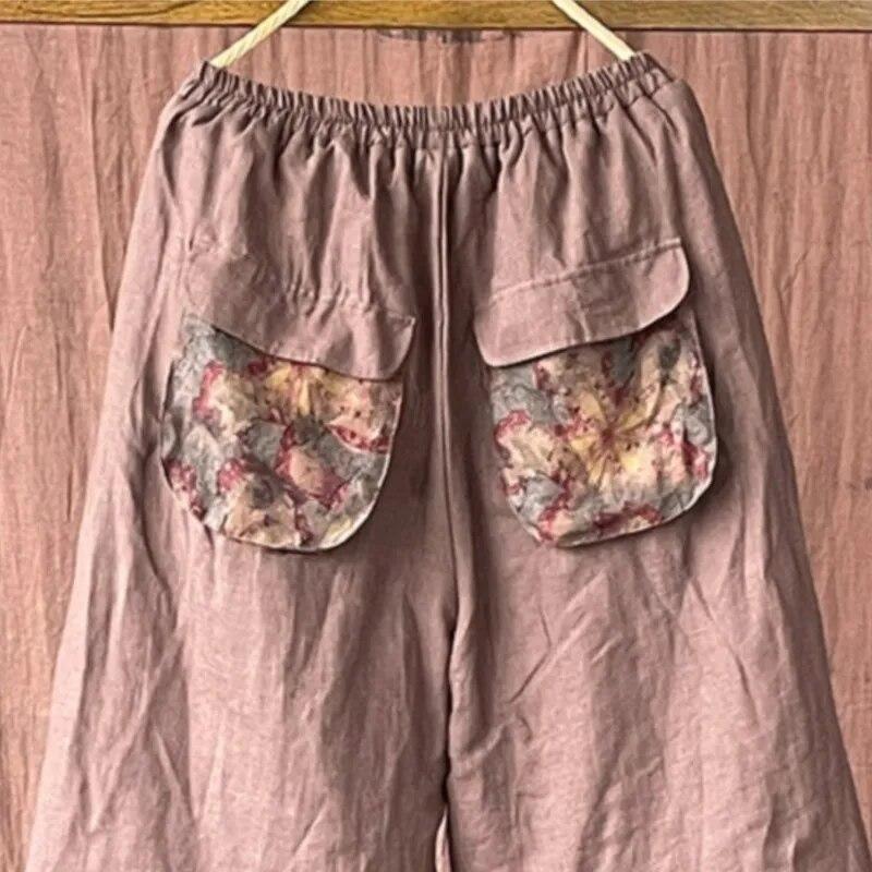 Johnature Frauen Vintage Leinen Breite Bein Hosen Elastische Taille Patchwork Taschen Herbst Einfarbig Frauen Kalb-länge Hosen