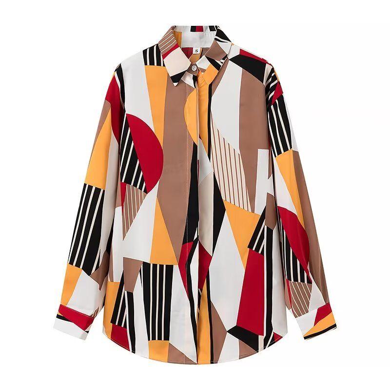Kaslead New Arrival Women's Fashion Style Fashion Casual Versatile Contrast Color Geometric Print Long Sleeves Shirt