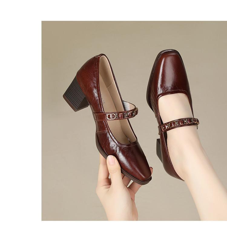 Top Layer Cowhide Women's Shoes Spring Versatile New Retro Square Toe Shallow Mouth Thick Heel Middle Order Shoes Mary Jane Commuting Shoes Women