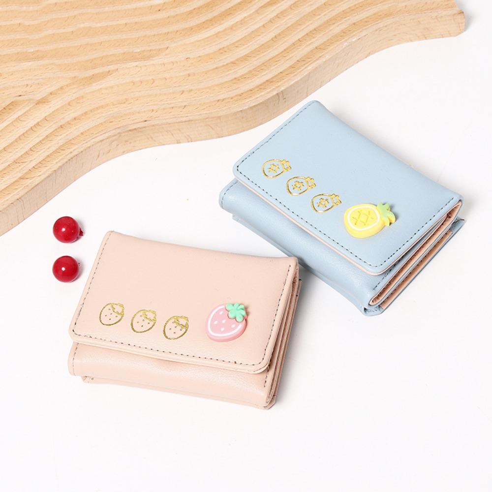 Cute Fruit Pattern Short Folding Card Bag PU Candy Color Trifold Wallet Sweet Solid Color Card Holder Girl