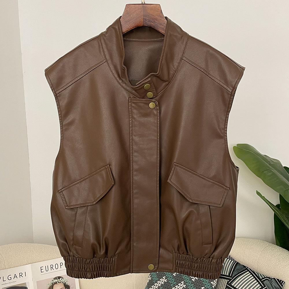 

OFTBUY Женская винтажная свободная жилетка из искусственной кожи, короткая куртка с поясом, мотоциклетная куртка, женская молния, ретро-байкерское пальто, верхняя одежда, топы L коричневый