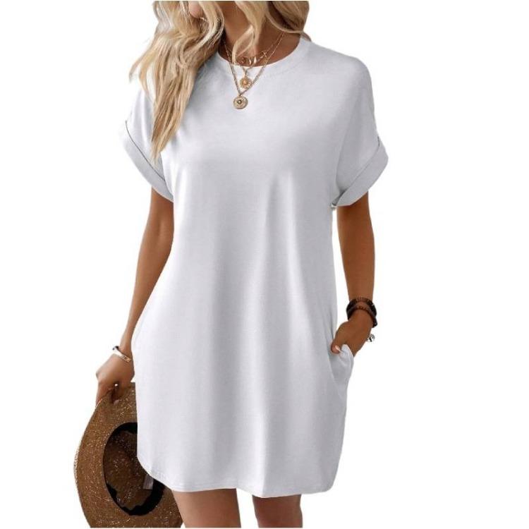 Summer Casual Women Dress Loose Round Neck Short Sleeve Pocket Breathable Solid Color Spring Fashion New