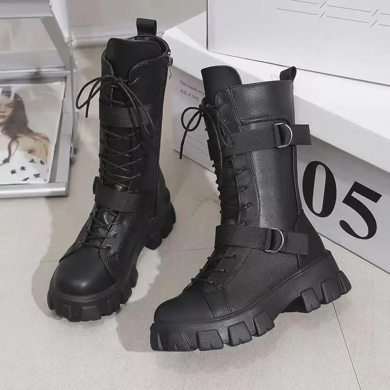 Fashion Round Toe Leather with Laces Mid Calf Shoes Woman Work Chic and Elegant Luxury 2025 Novelty on Offer Half High Boots for Women