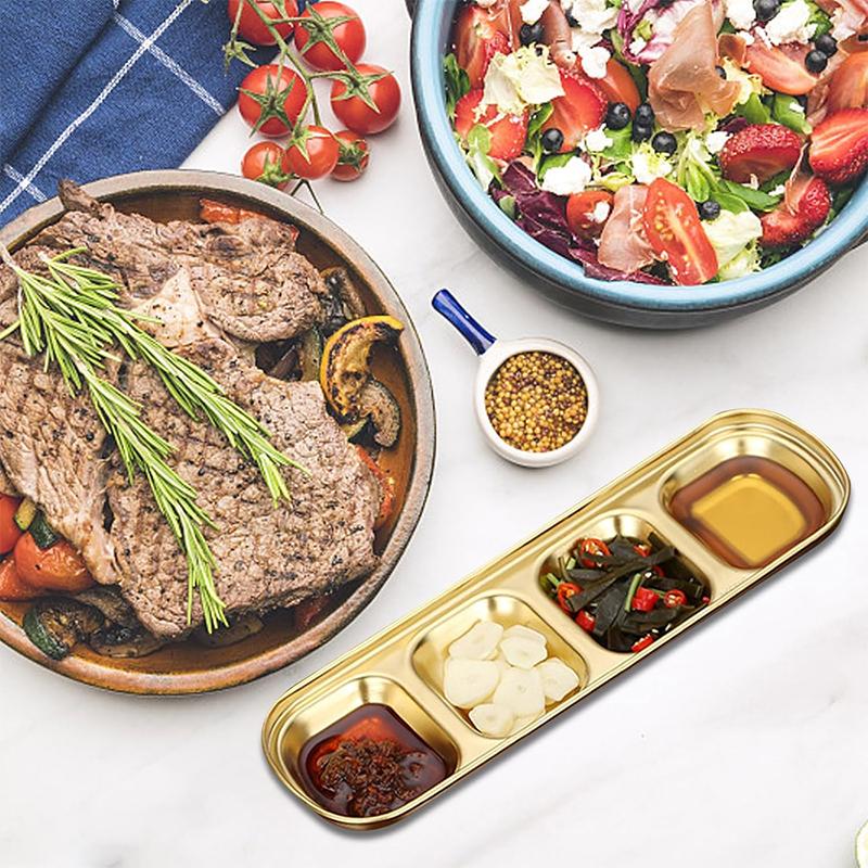 2pcs Stainless Steel Sauce Dish 4 Grids Divided Dipping Plates Seasoning Sauce Dip Bowl Vinegar Soy Spice Condiment Tray