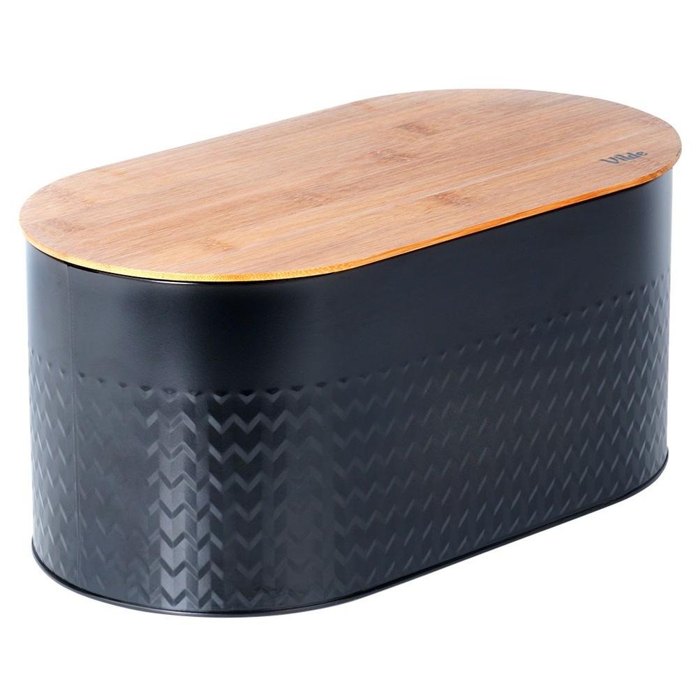 Steel bread bin with wooden board, black, 34x18.5x15.5 cm