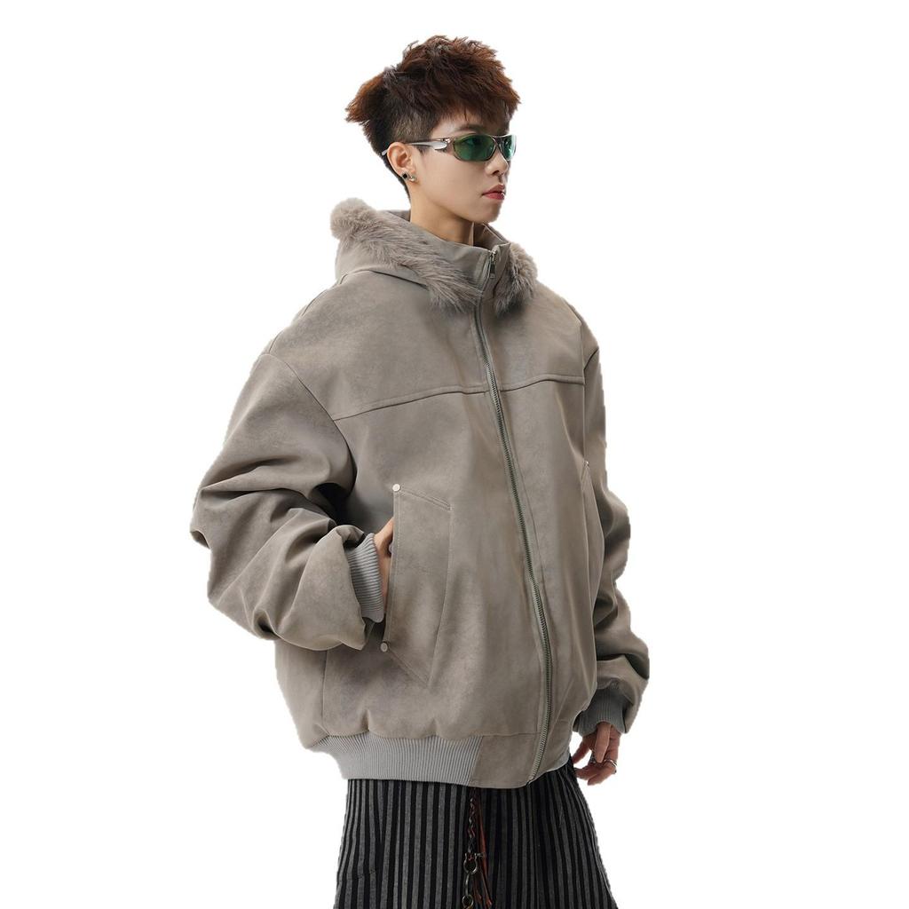 Men's Distressed Coffee Workwear Jacket - Retro Cotton with Lychee Grain Leather, Long Fur Collar & Hooded Heavyweight Winter Coat.