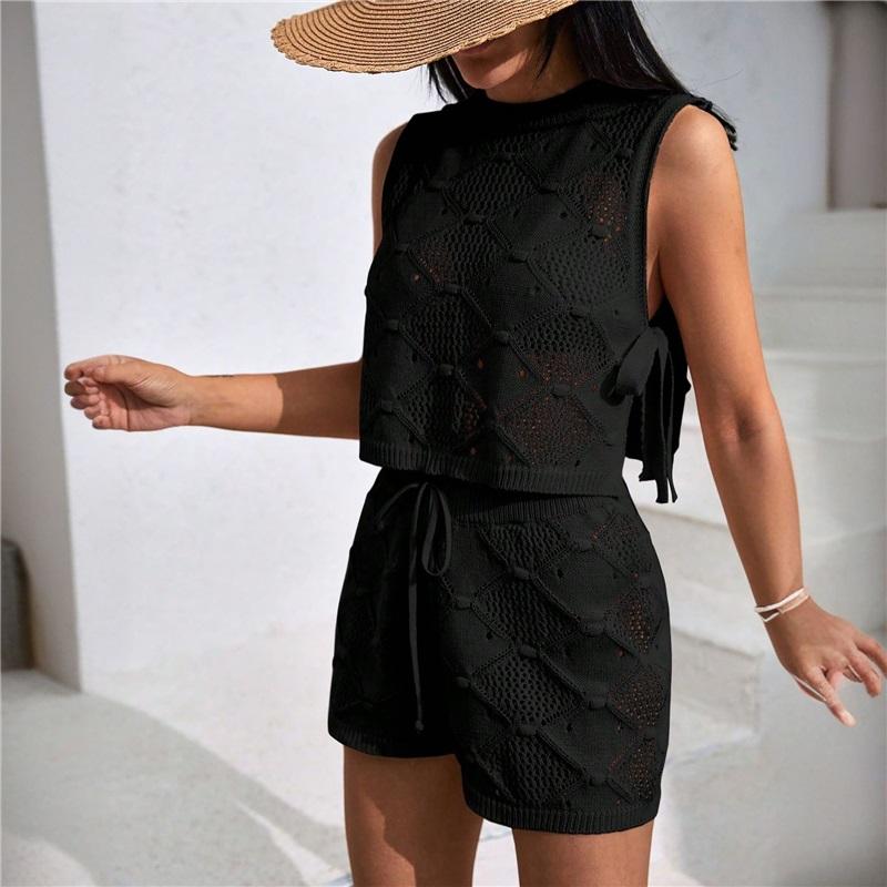 European And American Handmade Knitwear Blouse Sleeveless Loose Casual Seaside Vacation Suit Top Shorts Two Piece Suit