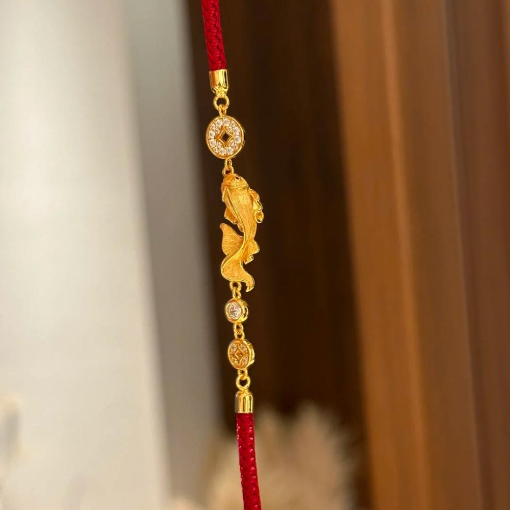

Vintage Chinese Style Red Rope Bracelet with Koi Fish and Coin Design Elegant Beaded Diamond Accent Handmade Jewelry
