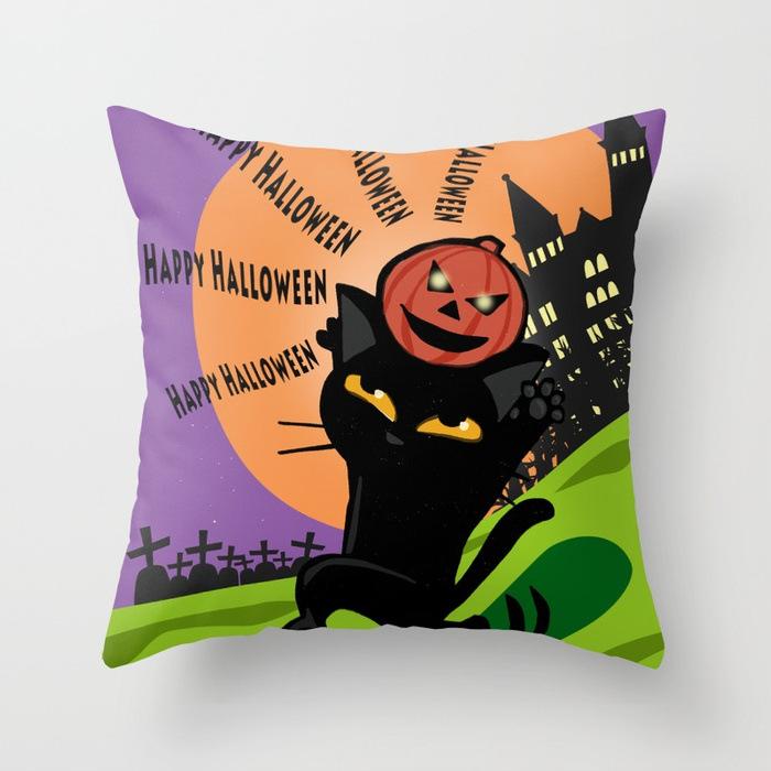 Halloween Cat Pumpkin Peach Velvet Fabric Pillowcase Funny Cartoon Image Decorative Cushion Pillowcase