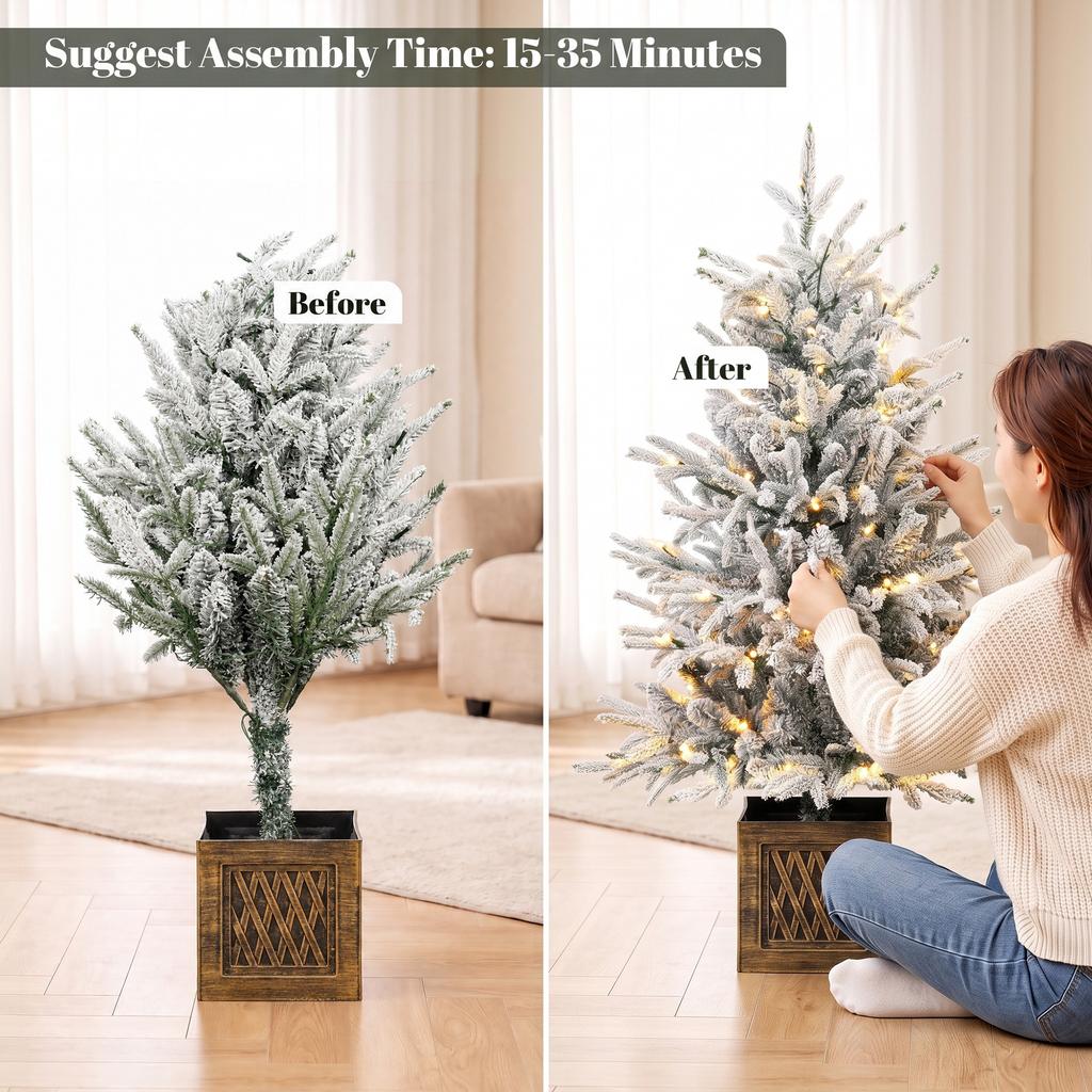 90 cm Prelit Flocked Christmas Tree, Base Stand, Green White