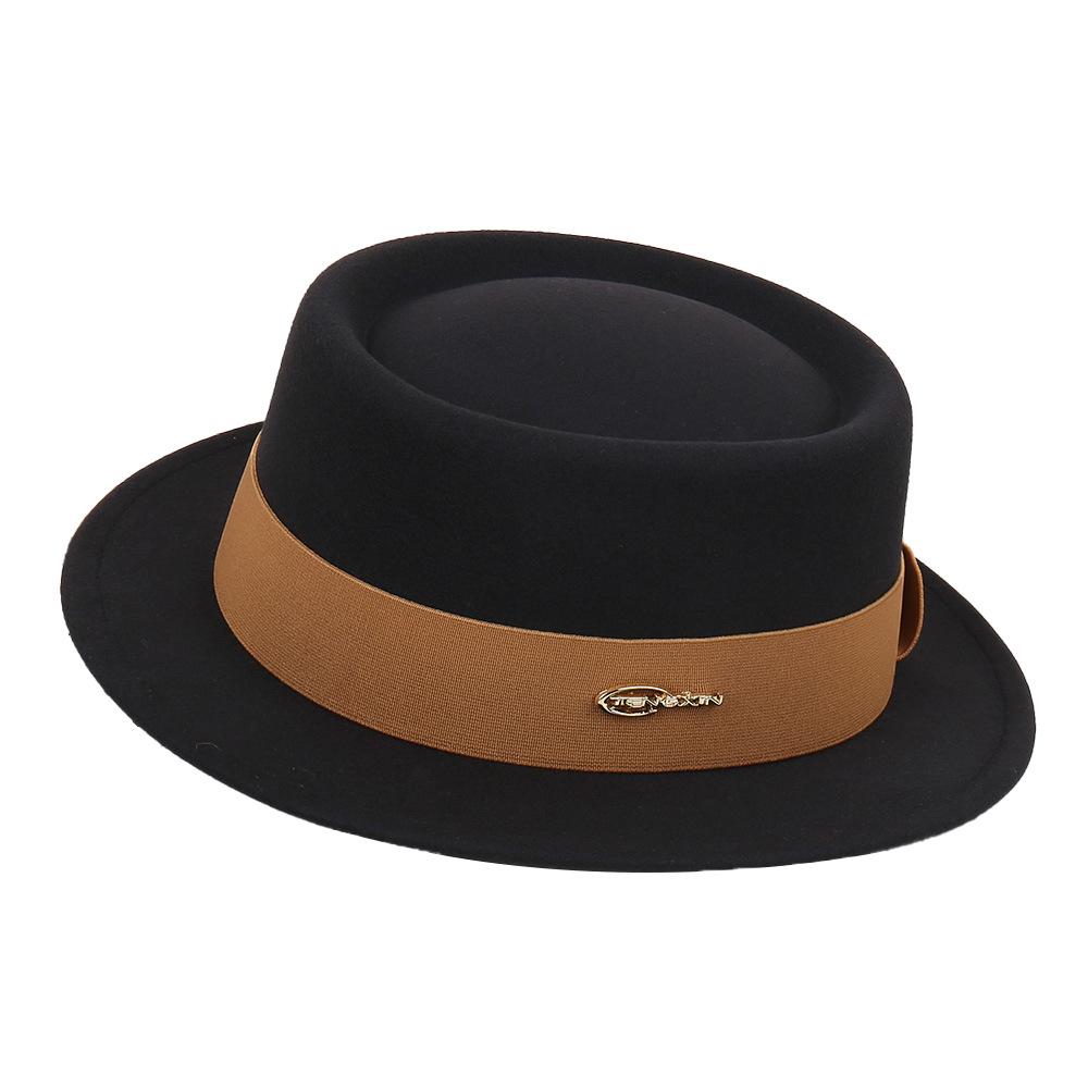 Autumn and Winter French Flat-brimmed Woolen Flat-top Top Top Hat Female British Show Small Face Simple Temperament Elegant Celebrity Style Jazz Hat