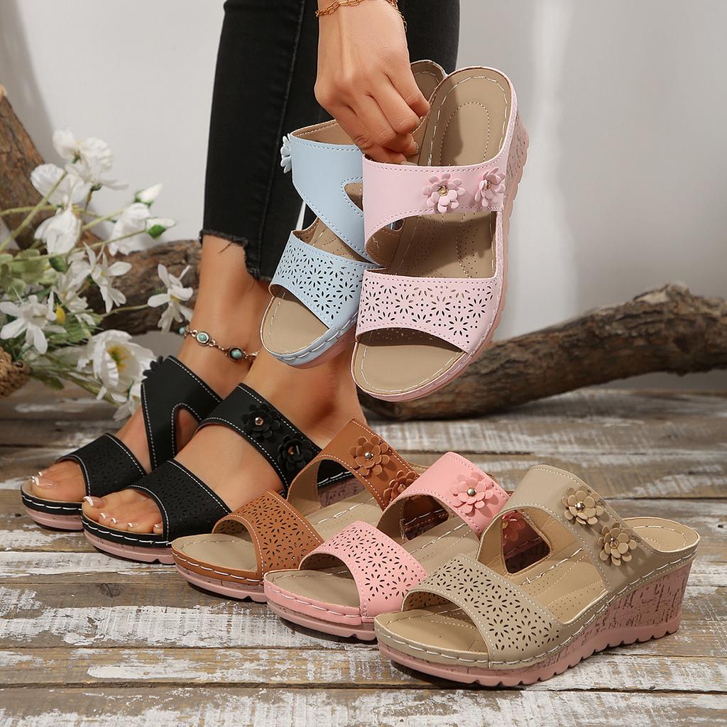 Summer New Style Slope Heel Thick Bottom Slippers Women's Shoes Solid Color Flower Decoration Slope Heel Slippers