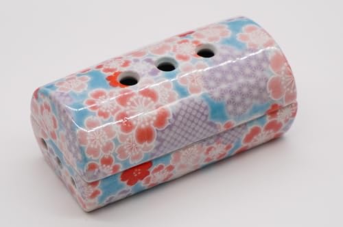 Horizontal Cylindrical Incense Burner: For Horizontal Incense Sticks. Made In Japan by Mino Ware. Established In 1820 by Eirakuya. (Sakura Komon Patte