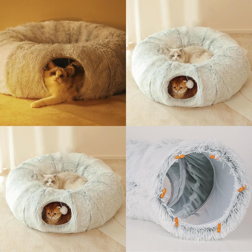 Cozy Winter Cat Bed Tunnel Soft Plush Fleece Foldable Pet Nest For Cats And Dogs In Grey And Patterned Colors