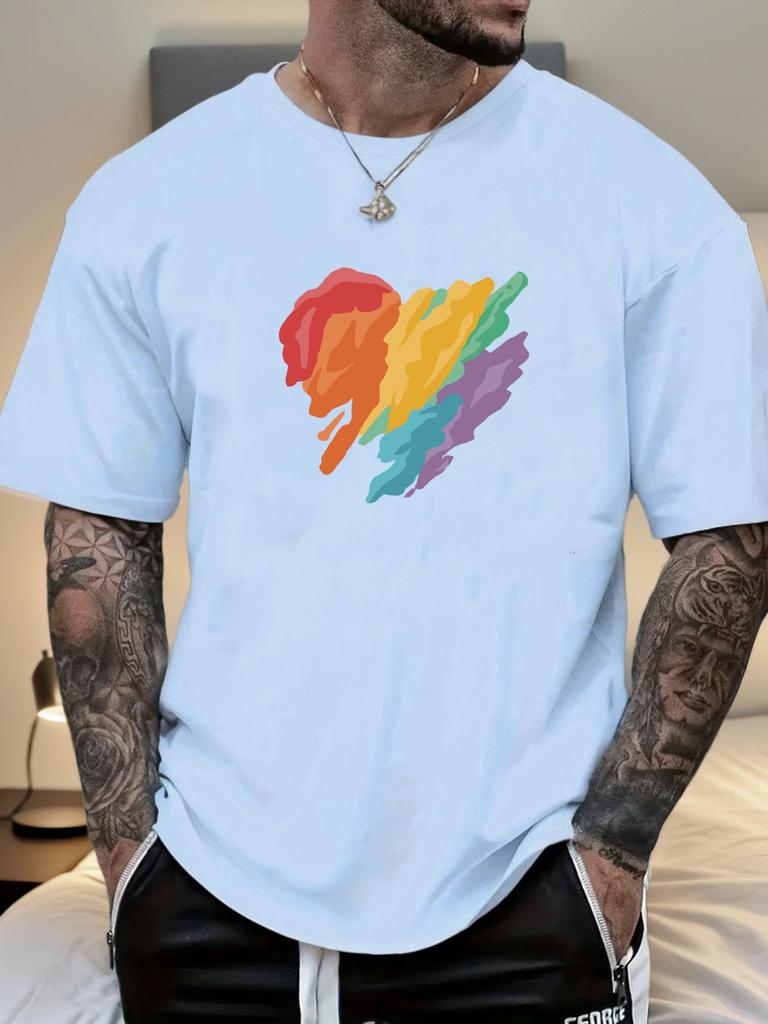 Mens Casual Tshirt Rainbow Heart Print Short Sleeve Round Neck Breathable Soft Oversized Vibrant Daily Wear Tee