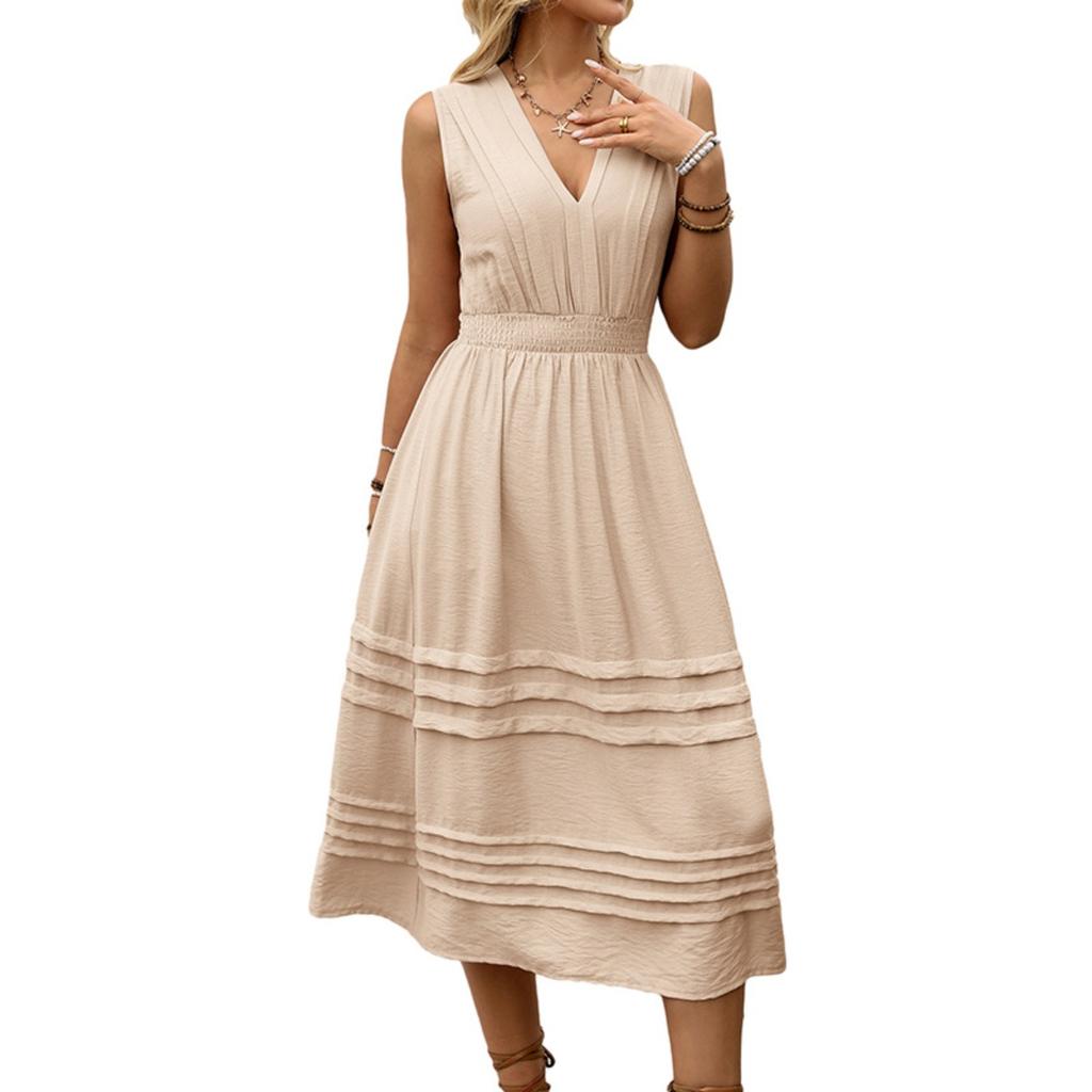 New Solid Color Ribbed Sleeveless V-neck Elastic Waist Beach Vacation Dress for Women