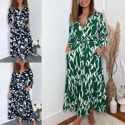 2024 Women's Summer Printed Long Shirt Dress with Nine-Point Sleeves and Collar
