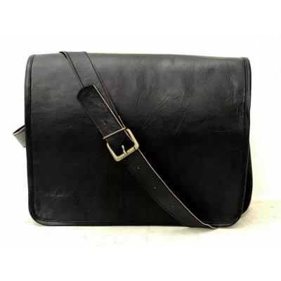 Men's Real Goat Leather Vintage Black Messenger Shoulder Laptop Bag Briefcase