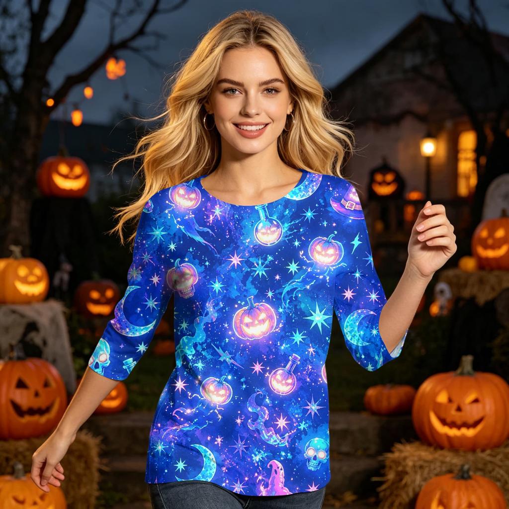 Womens Halloween Print Casual Three Quarter Sleeve Round Neck Top Lightweight Comfortable Fit Seasonal Shirt for Everyday Wear