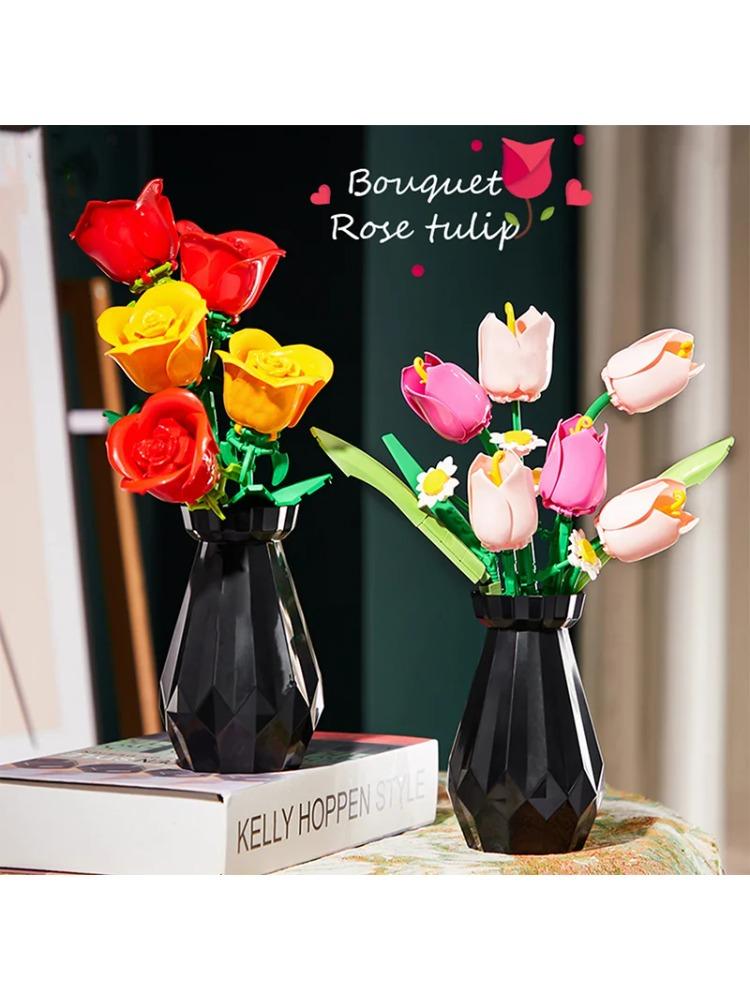 Flowers Model Building Blocks Set Bouquet Bricks Children DIY Toys Home Decor Valentine's Day Gift Adult For Girls 233PCS Tulips