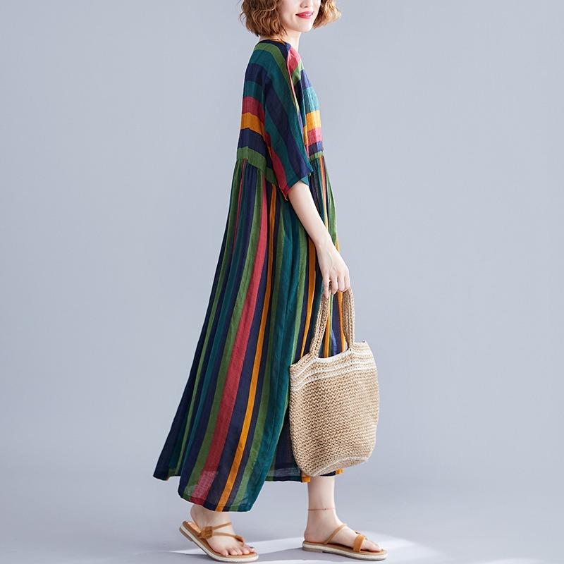 Real shot summer new literary large size loose splicing striped cotton and linen short-sleeved dress women's clothing