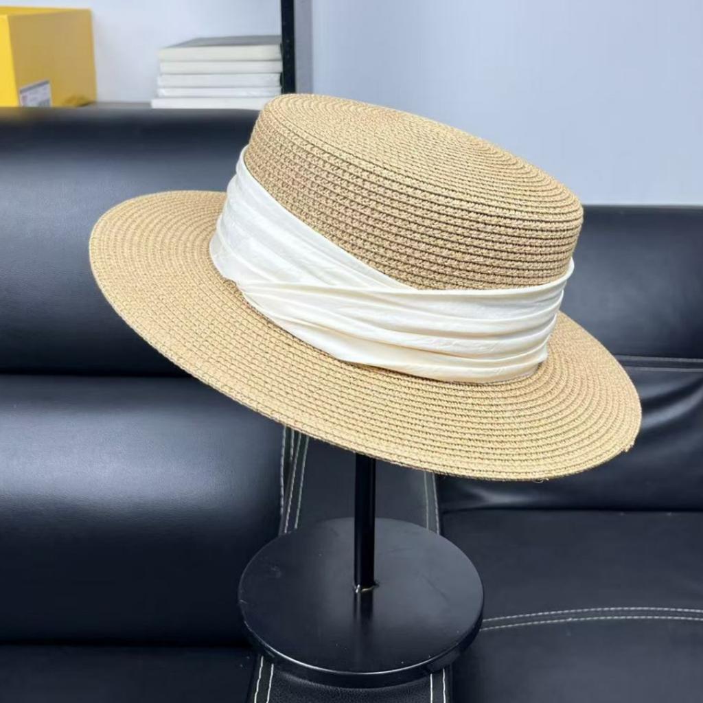 French Elegant Straw Flat Top Hat Women's Summer Sunscreen Sun Hat Seaside Holiday Straw Hat Tide