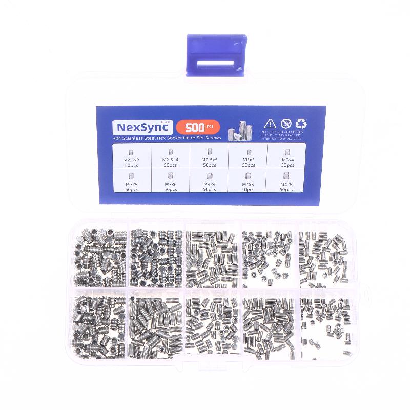 500pcs M2.5 M3 M4 DIN913 304 Stainless Steel Black Hex Hexagon Socket Allen Flat Point Grub Bolt Set Screw Kit Box