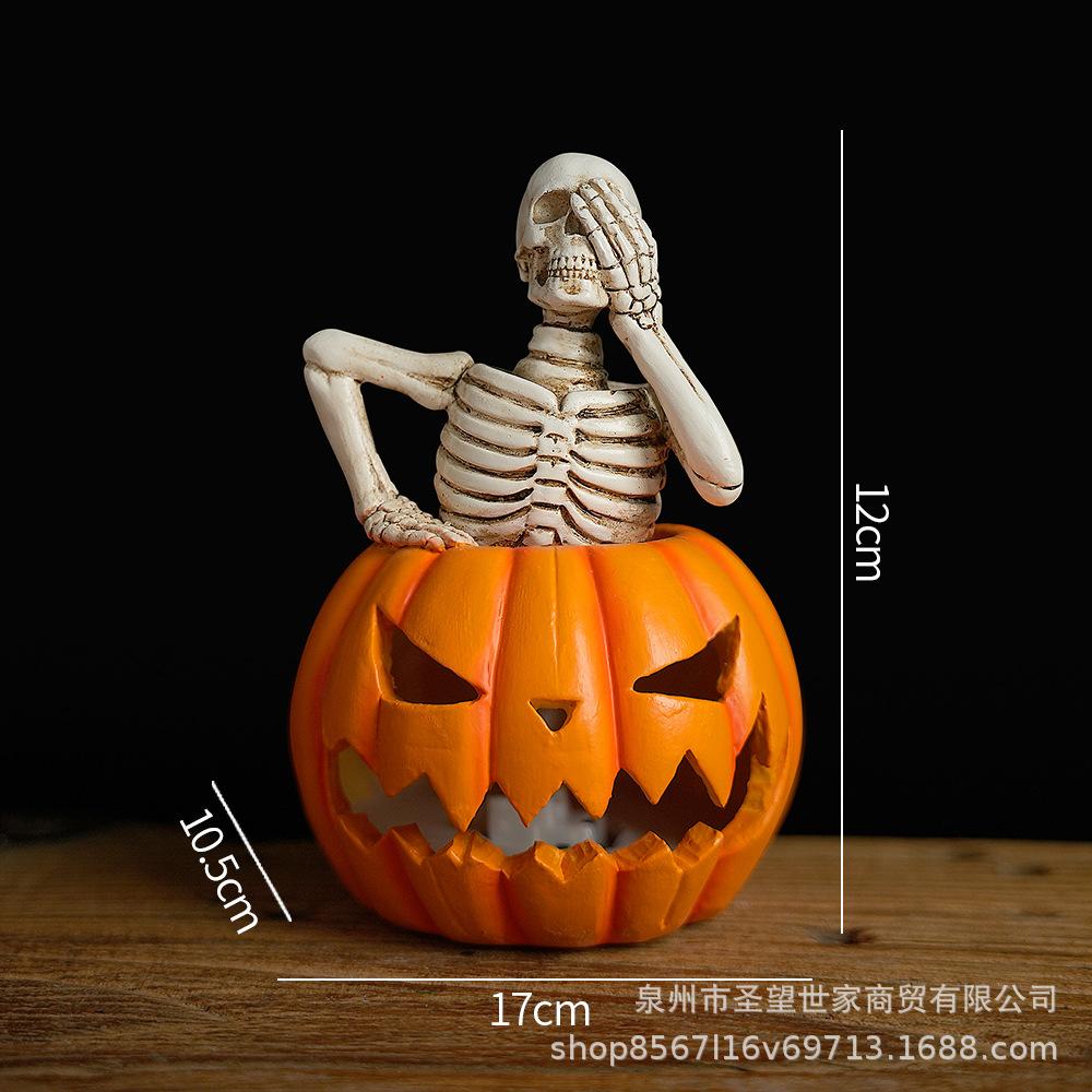 Resin Handicrafts Cartoon Halloween Skull Statue Skeleton Sculpture Hollowed-out Pumpkin Home Decoration Accessories