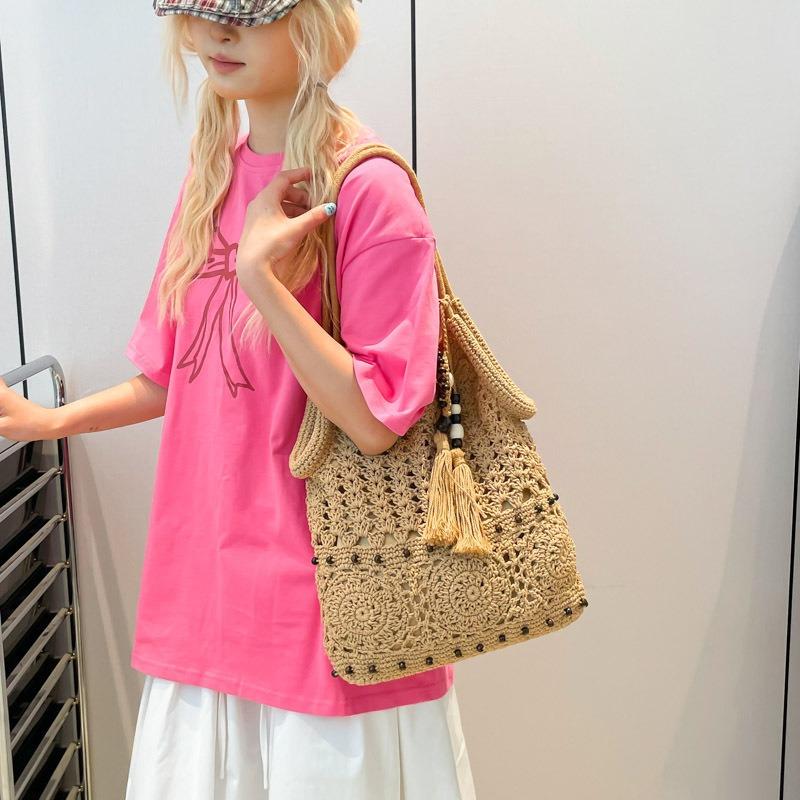 Literary woven bag women's new seaside vacation shoulder armpit tote bag casual beach bag