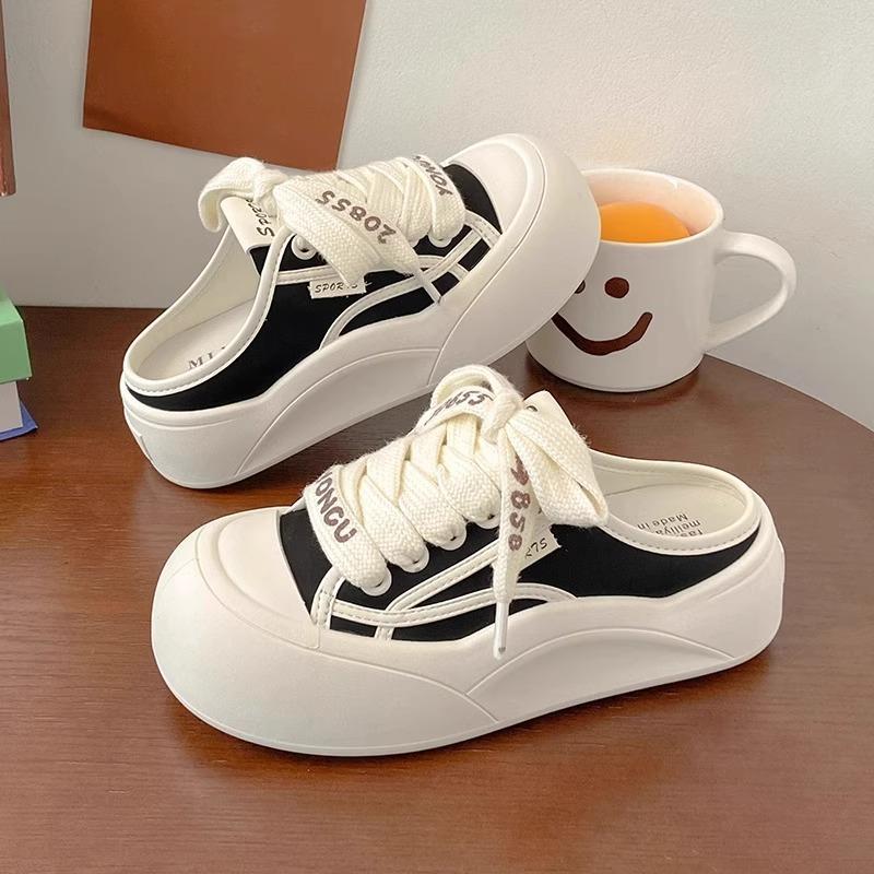 

Platform canvas shoes women s bag head half-drag board shoes summer wear 2025 new one-pedal ugly cute little white shoes cool slippers 40