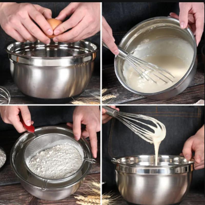 304 16-24cm Kitchen Stainless Steel Egg Mixing Bowl Non-slip Handle Silicone Bottom Kneading Dough Pots Baking Bakery Tools