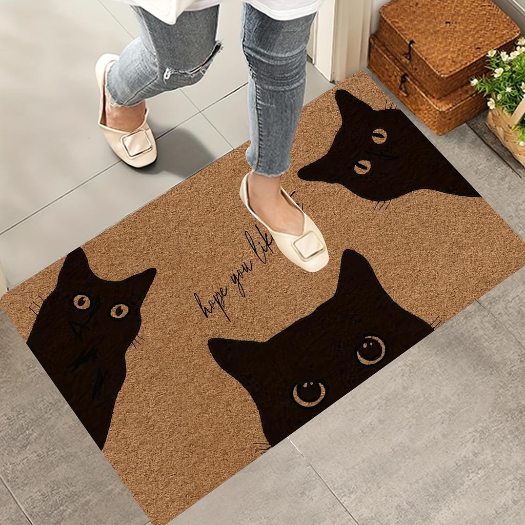 Polyester Black Cat Welcome Doormat - Machine Washable, Printed "Hope You Like Cats", Suitable for Front Door, Indoor/Outdoor
