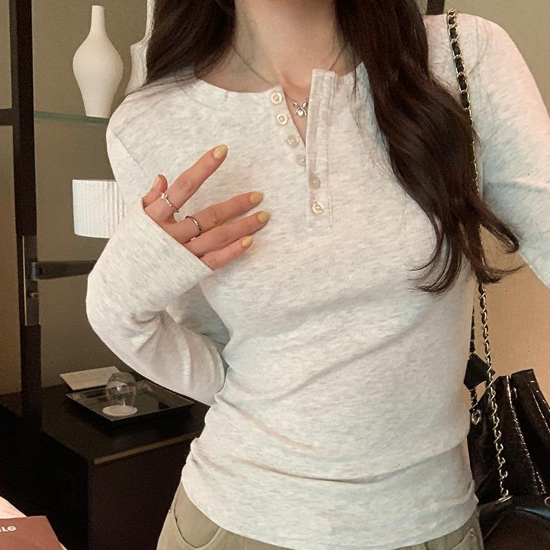 

Half-open neck button front shoulder T-shirt women s bottoming shirt spring slim-fit Spice Girl style versatile long-sleeved inner top XL