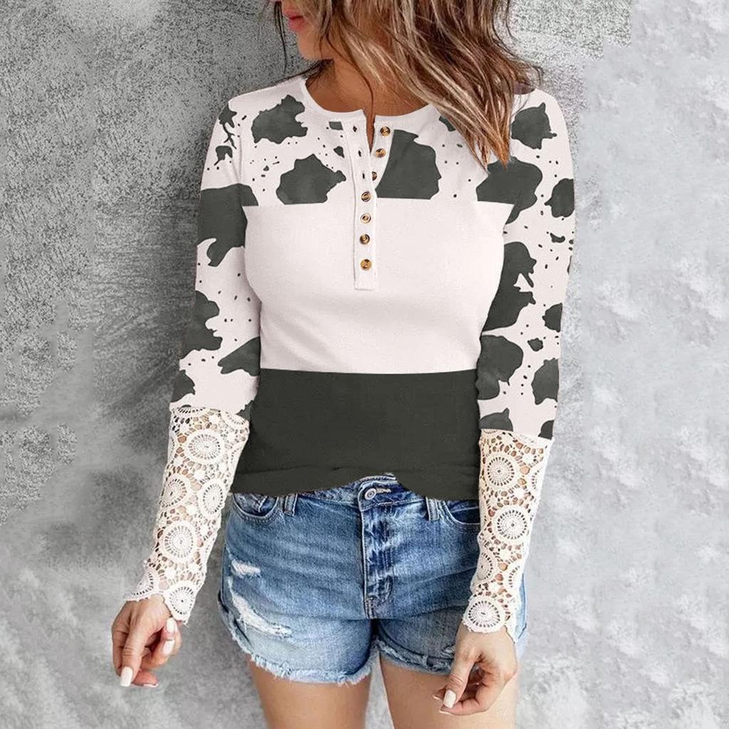 Women's Slim Fit Casual Cow Striped Lace Long Sleeve Top T-Shirt Blouse