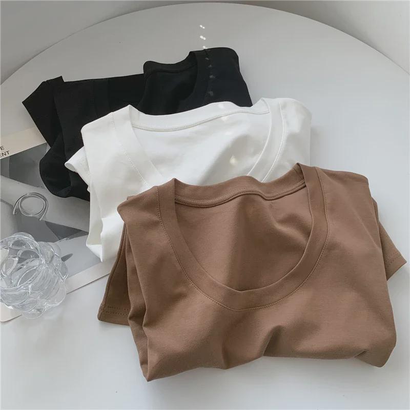 Women's Coffee-Colored U-Neck Short-Sleeve Slim Fit T-Shirt