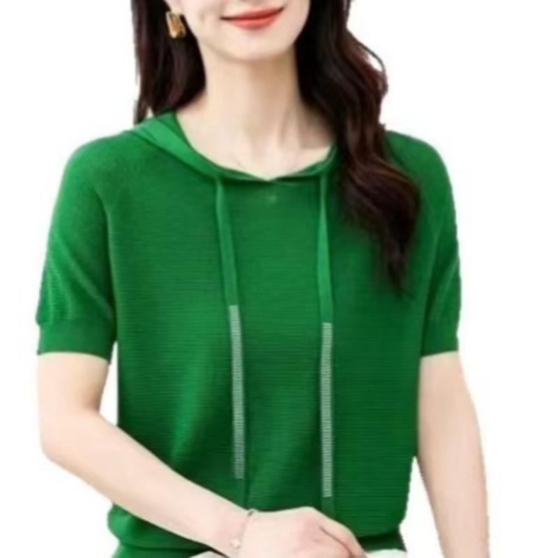 Hooded Pullover Knitted T-shirt for Women Short Sleeved Loose Casual Versatile Slimming T-shirt