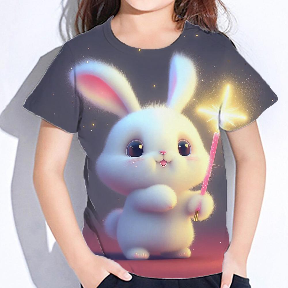 Rabbit Cartoon Print Toddler Short Sleeve Tops Oversized Crew Neck Tees Little Girl Clothes