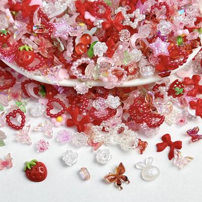 50PCS Random Mixed Strawberry Flowers Nail Charms Sweet Resin Flatback Moon Nail Art Decoration Accessories Manicure DIY
