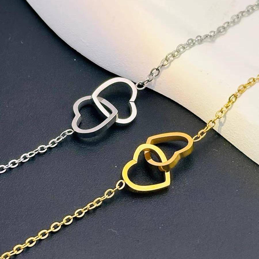 18k Gold-Plated Titanium Heart Double Ring Necklace - Minimalist & Versatile Design for Women