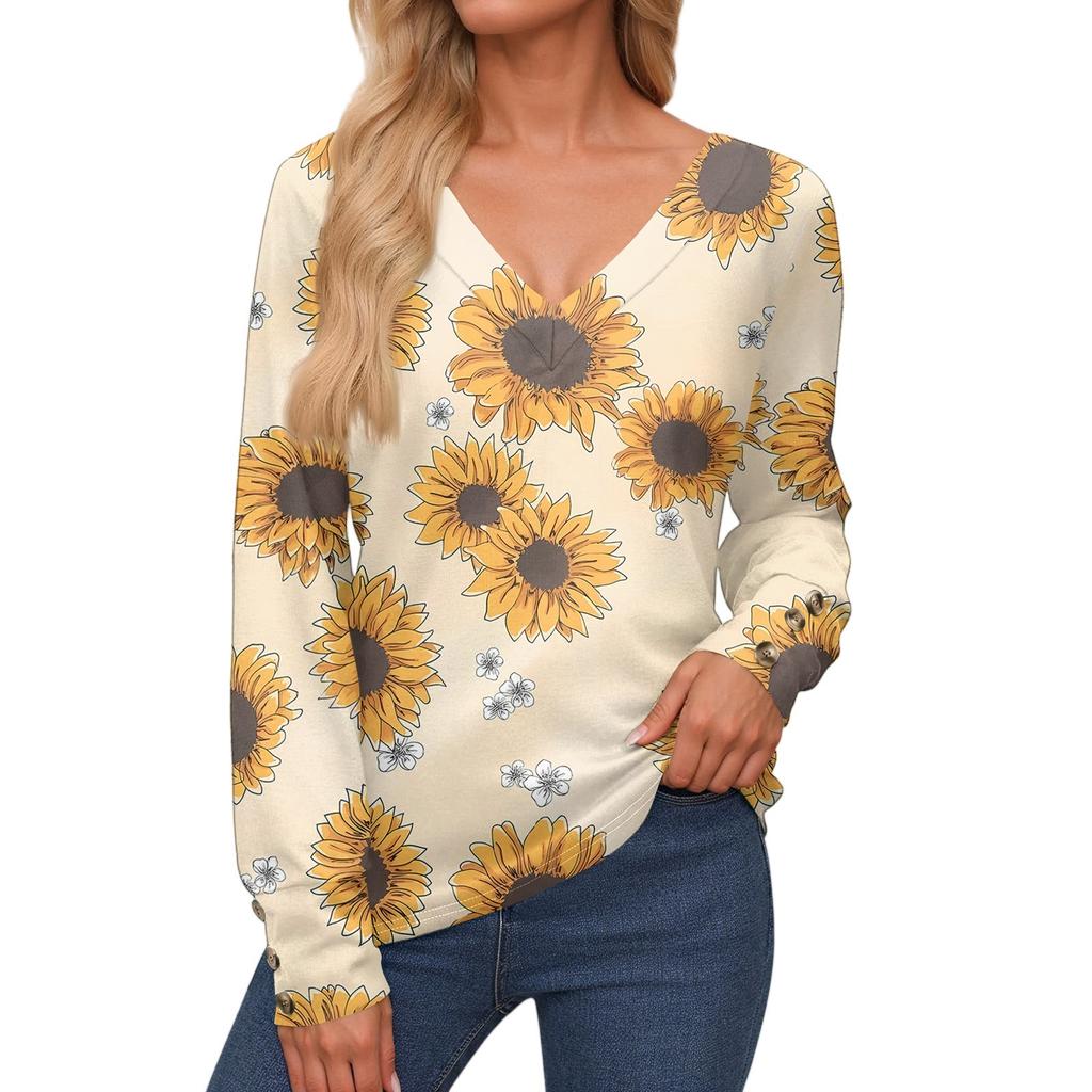 Women's Tops Long Sleeve Cuffs Button-Up Shirt V-Neck Casual Loose Tee Floral Tops