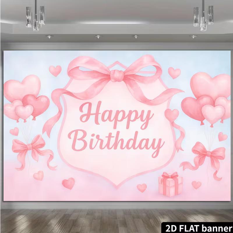 2D Flat Soft Pink Birthday Banner Pastel Bow & Heart Themed Backdrop for Baby Shower & Birthday