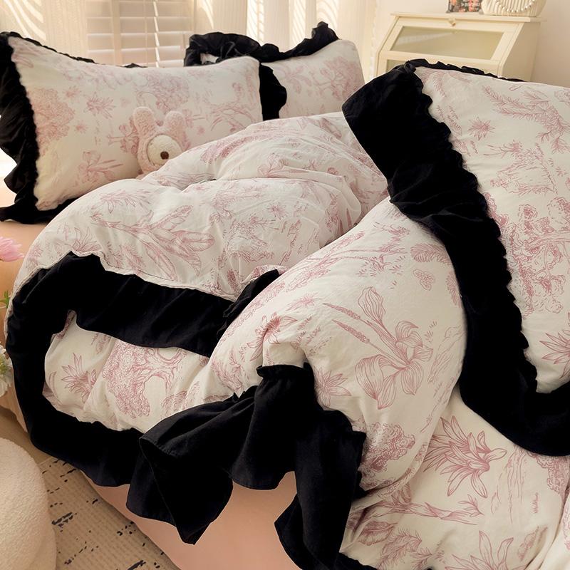 INS French Style Bedding Sets Ruffle Ink Wash Flower Romantic Bed Sheet Sets Woman Girls Bedroom Duvet Cover Set 4pcs