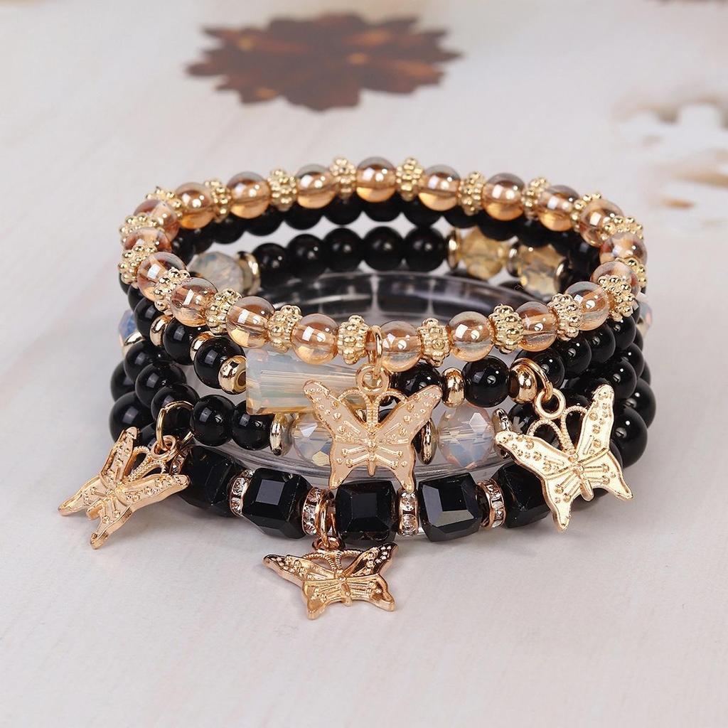 Set di Braccialetti con Ciondolo a Farfalla Perline Bohemien con Design Multistrato di Cristallo