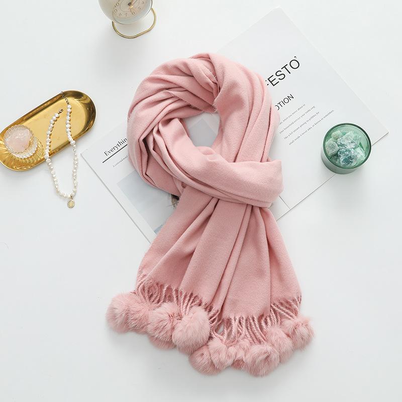 Girls Cute Imitation Cashmere Scarf Women's Winter Warm Solid Color Big Rabbit Fur Ball New Scarf Shawl