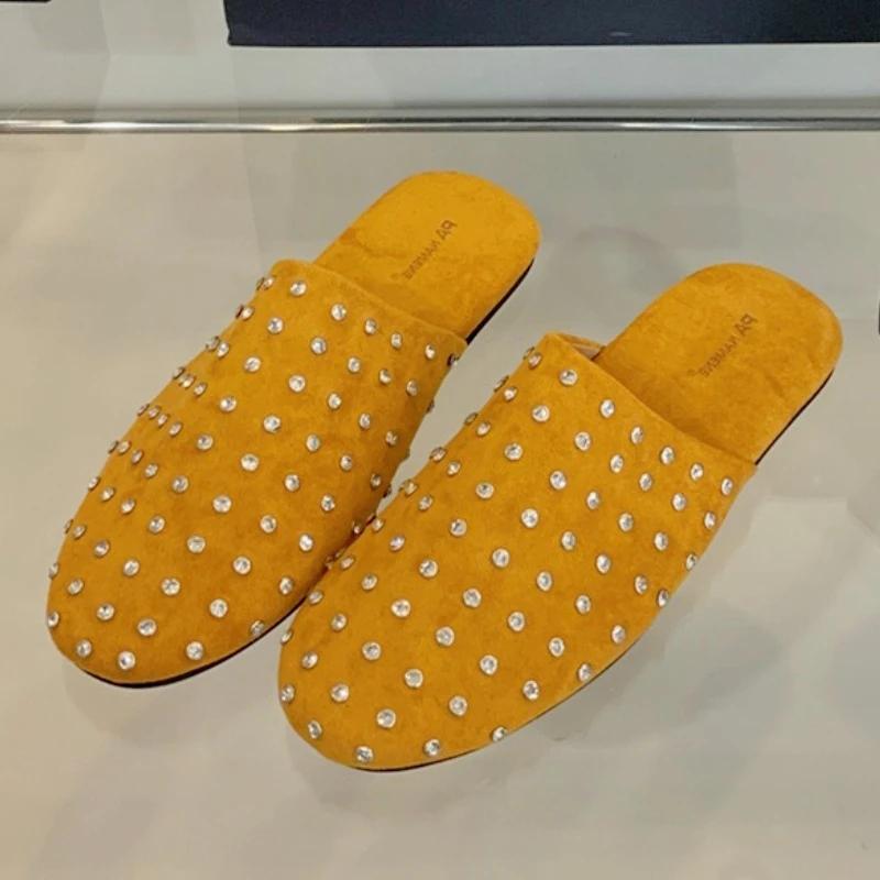 Fashion High Quality Faux Suede Flat Slippers Women Luxury Rhinestone Round Toe Design Casual Shoe Comfort Moccasin Brand Designer Shoes