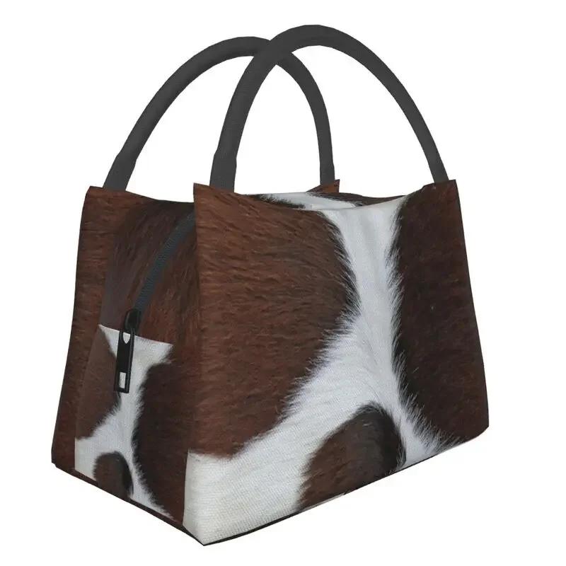Custom 3D Printing Brown Checkered Cowhide Patche Lunch Bag Women Cooler Thermal Insulated Lunch Boxes for Office Travel